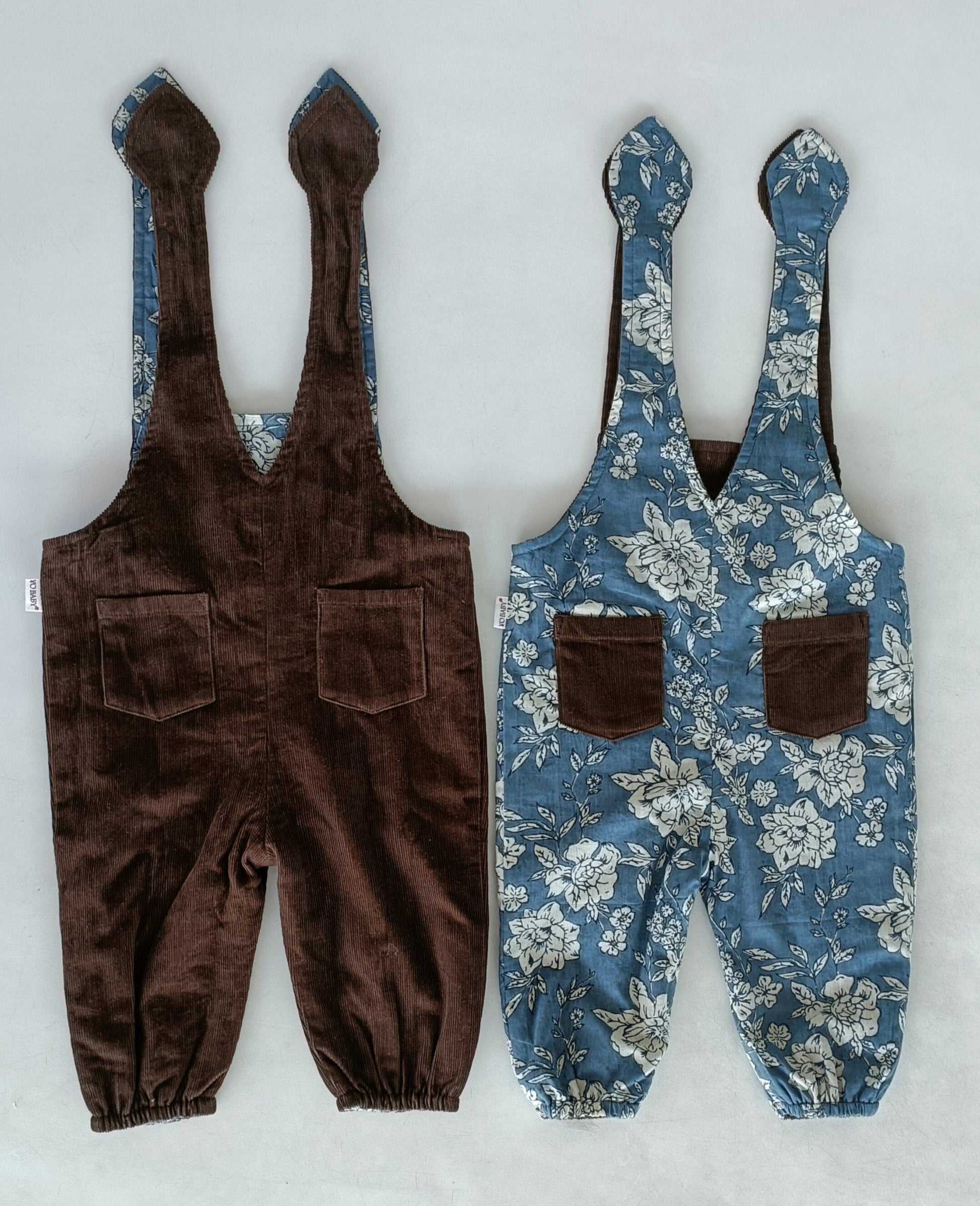 Reversible Solid Brown Corduroy & Grey Floral Printed Jumpsuit Jump Suit Yo Baby India 