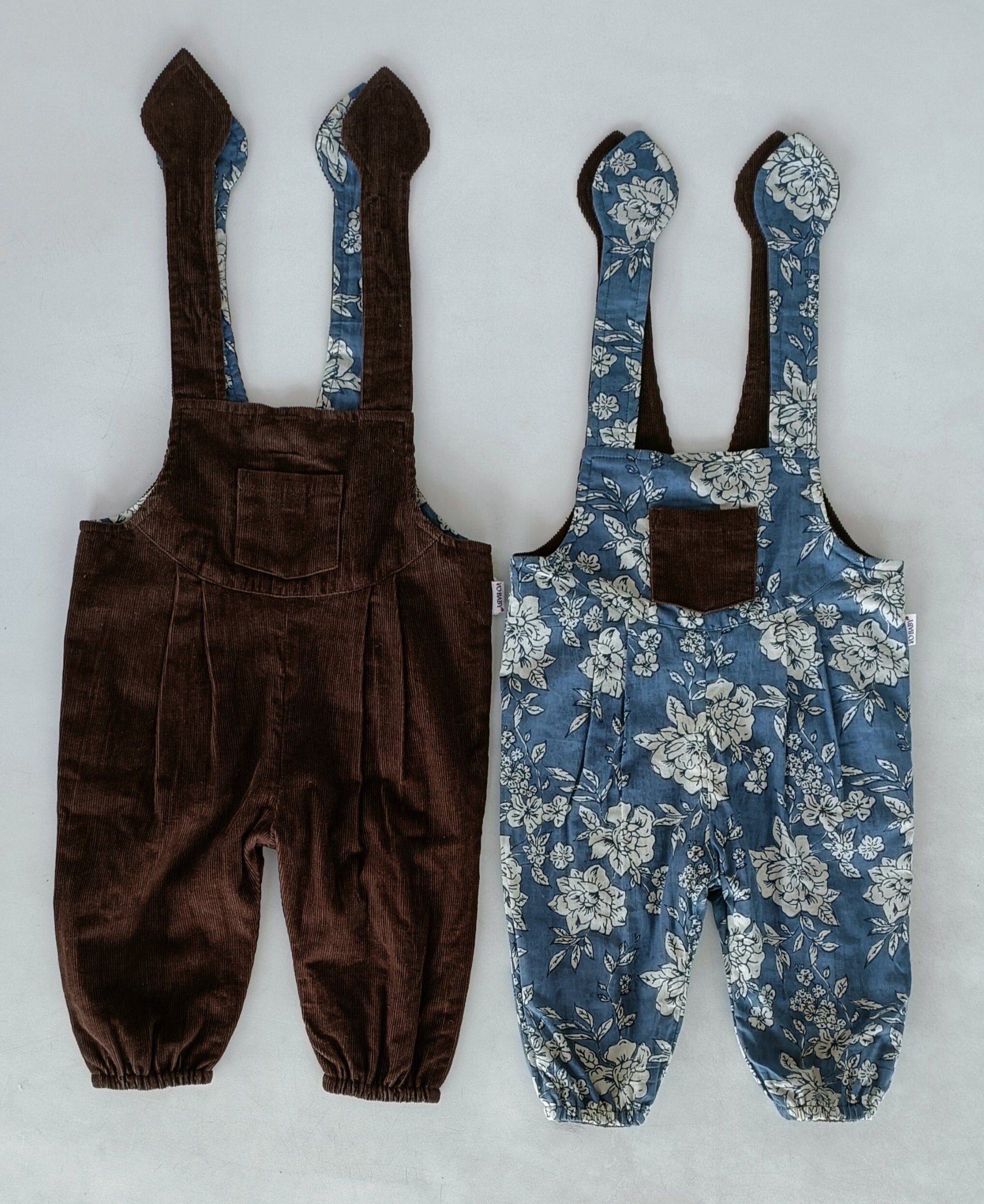 Reversible Solid Brown Corduroy & Grey Floral Printed Jumpsuit Jump Suit Yo Baby India 