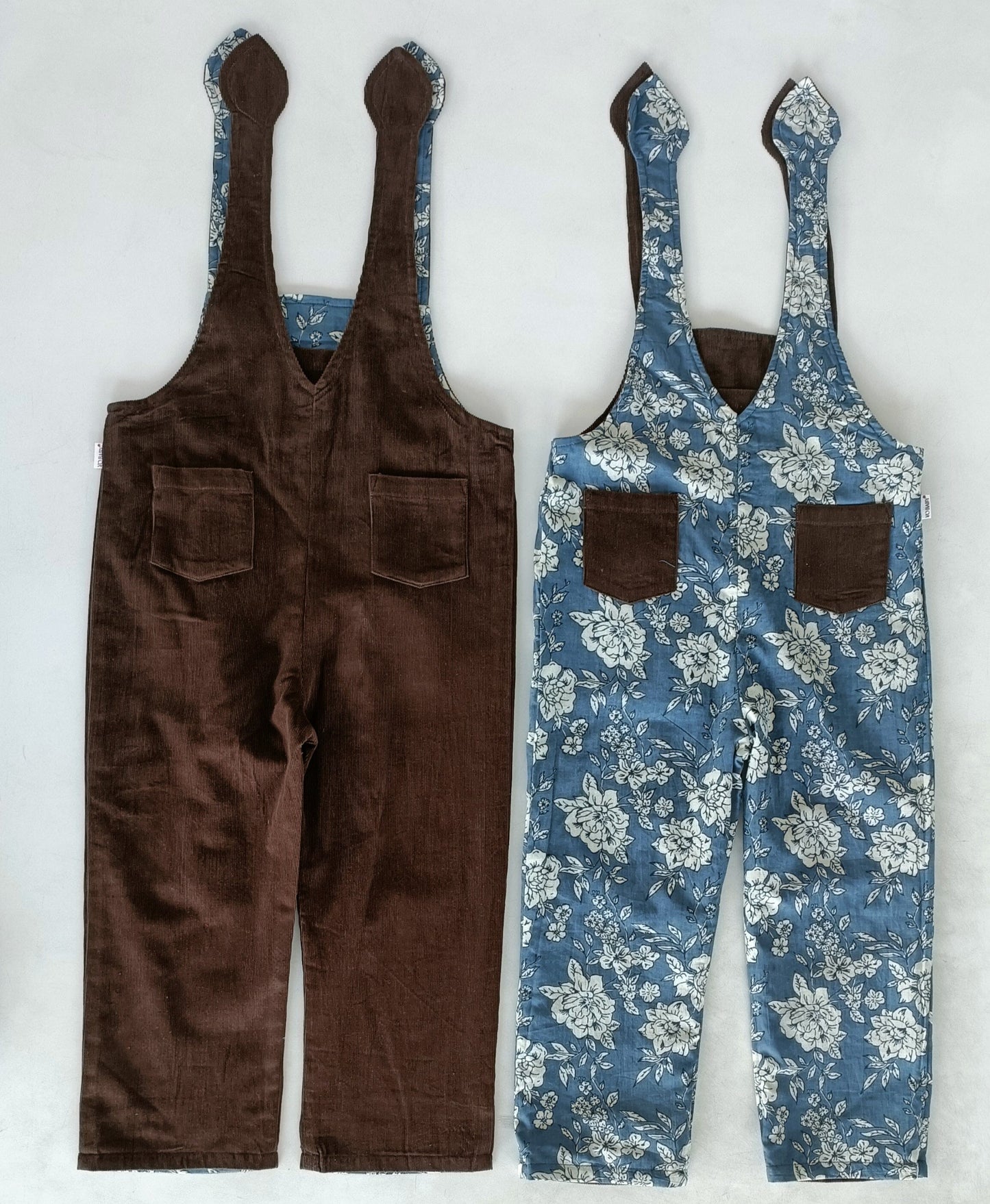 Reversible Solid Brown Corduroy & Grey Floral Printed Jumpsuit Jump Suit Yo Baby India 