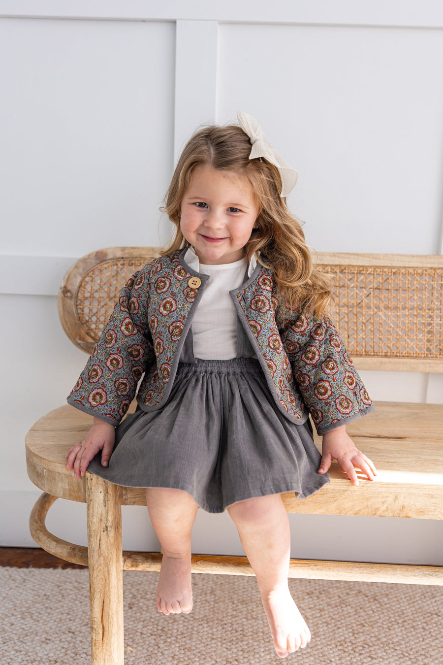 Reversible Grey Corduroy & Grey Floral Print Quilted Jacket – Long Sleeve Kids Jacket for Infants, Toddlers & Tweens