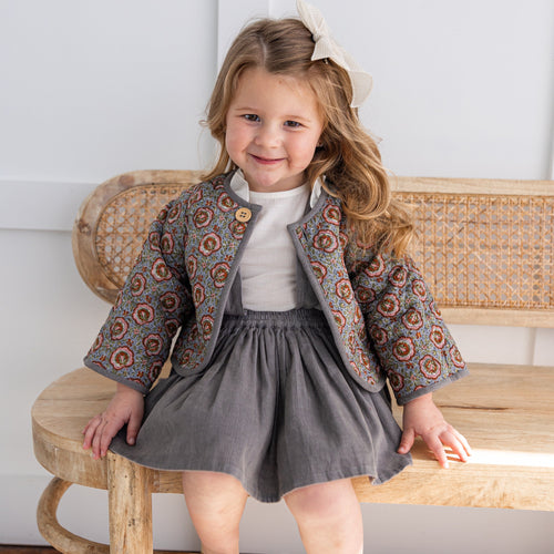 Reversible Grey Corduroy & Grey Floral Print Quilted Jacket – Long Sleeve Kids Jacket for Infants, Toddlers & Tweens