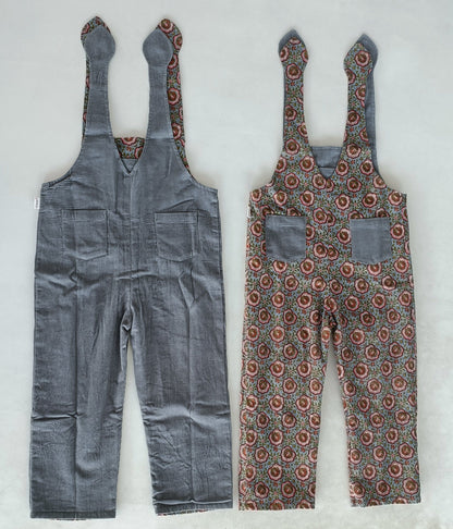 Reversible Solid Grey Corduroy & Grey Floral Printed Jumpsuit Jump Suit Yo Baby India 