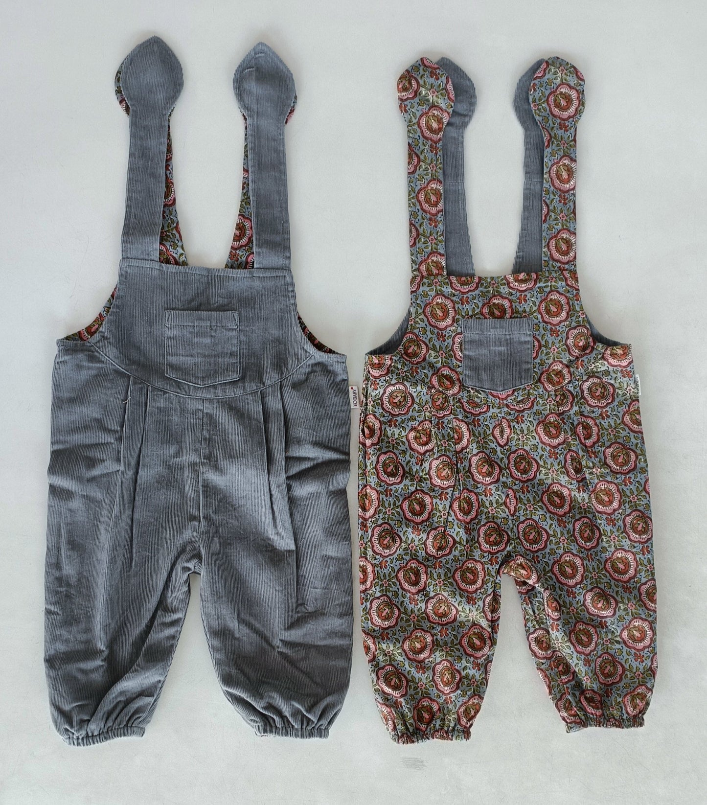 Reversible Solid Grey Corduroy & Grey Floral Printed Jumpsuit Jump Suit Yo Baby India 