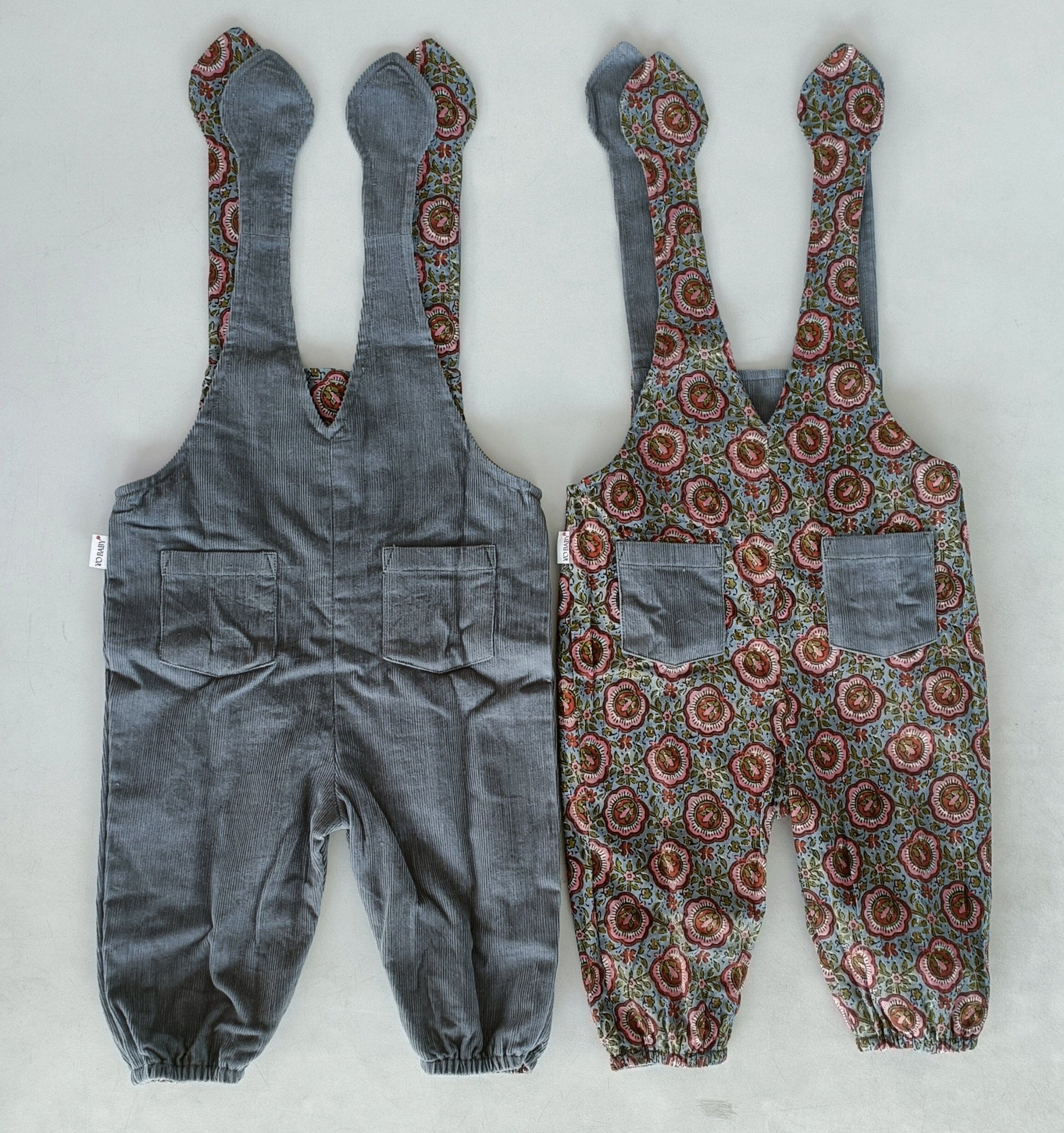 Reversible Solid Grey Corduroy & Grey Floral Printed Jumpsuit Jump Suit Yo Baby India 