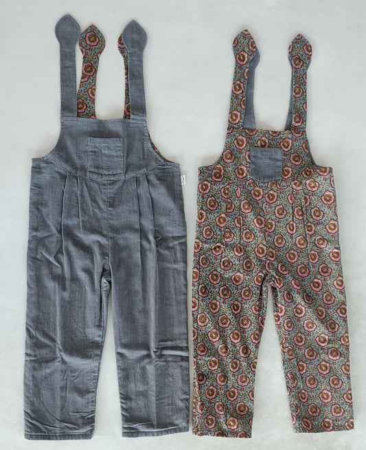 Reversible Solid Grey Corduroy & Grey Floral Printed Jumpsuit Jump Suit Yo Baby India 