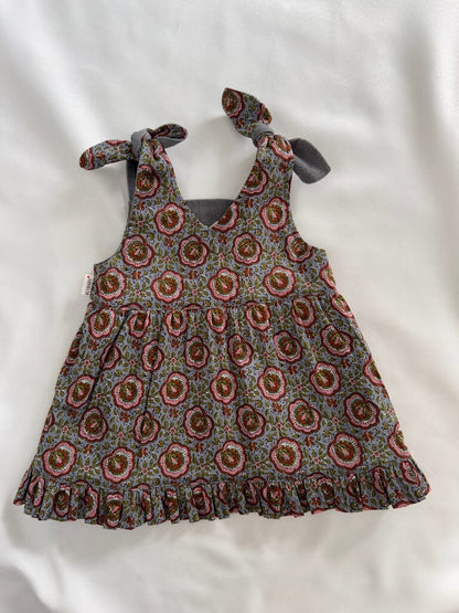 Reversible Solid Grey Corduroy & Grey Floral Printed Ruffle Dress dress & diaper cover DRESS Yo Baby India 