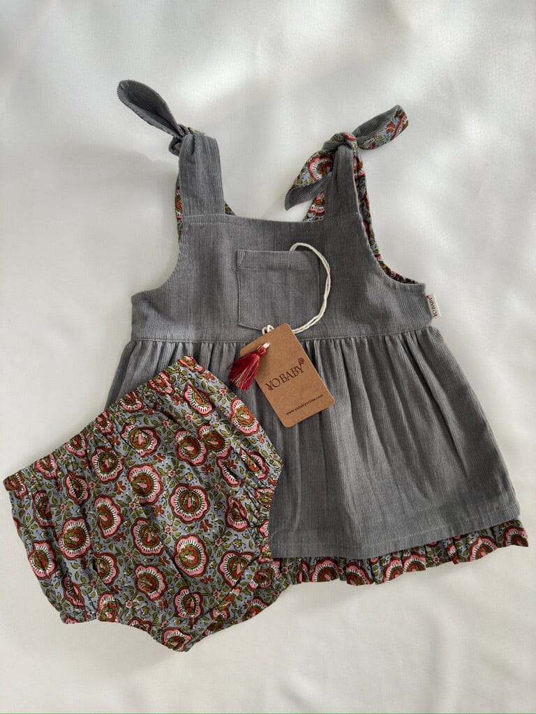 Reversible Solid Grey Corduroy & Grey Floral Printed Ruffle Dress dress & diaper cover DRESS Yo Baby India 