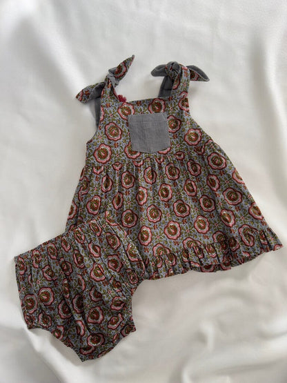 Reversible Solid Grey Corduroy & Grey Floral Printed Ruffle Dress dress & diaper cover DRESS Yo Baby India 