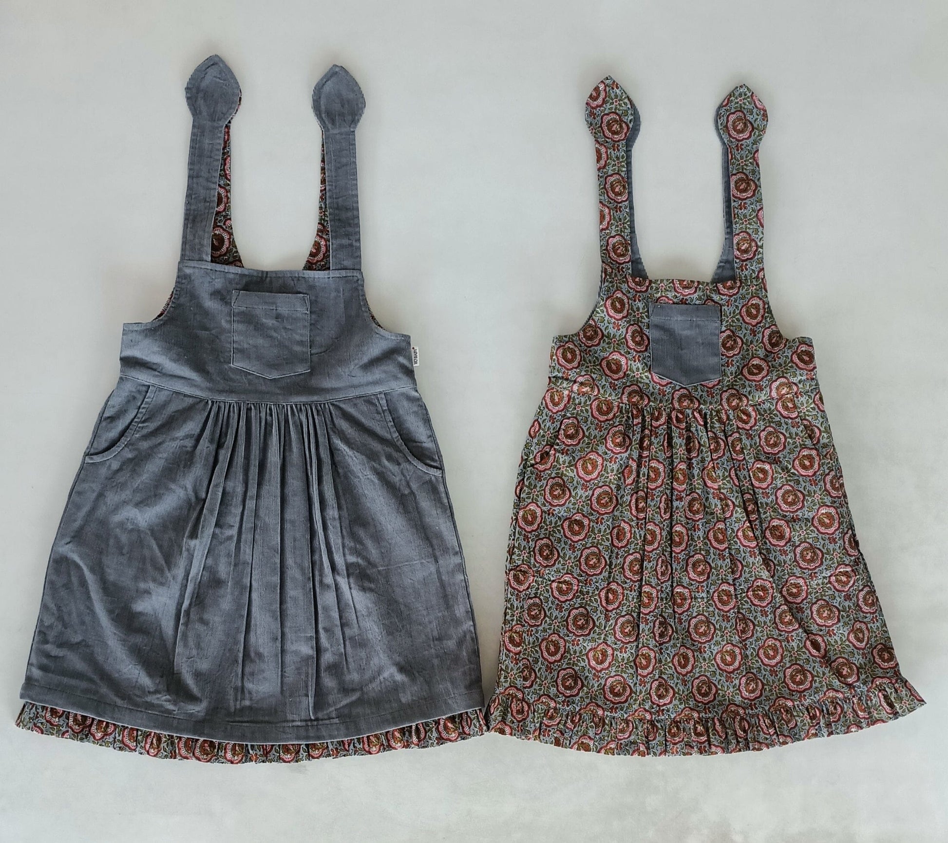 Reversible Solid Grey Corduroy & Grey Floral Printed Ruffle Dress dress & diaper cover DRESS Yo Baby India 