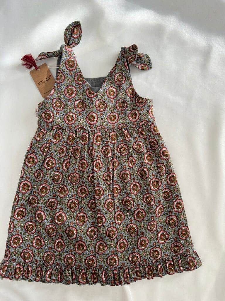 Reversible Solid Grey Corduroy & Grey Floral Printed Ruffle Dress dress & diaper cover DRESS Yo Baby India 