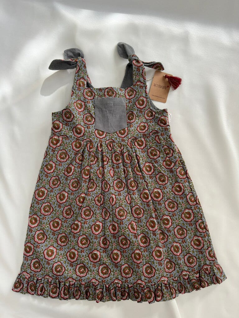 Reversible Solid Grey Corduroy & Grey Floral Printed Ruffle Dress dress & diaper cover DRESS Yo Baby India 