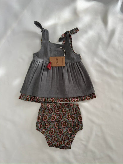 Reversible Solid Grey Corduroy & Grey Floral Printed Ruffle Dress dress & diaper cover DRESS Yo Baby India 