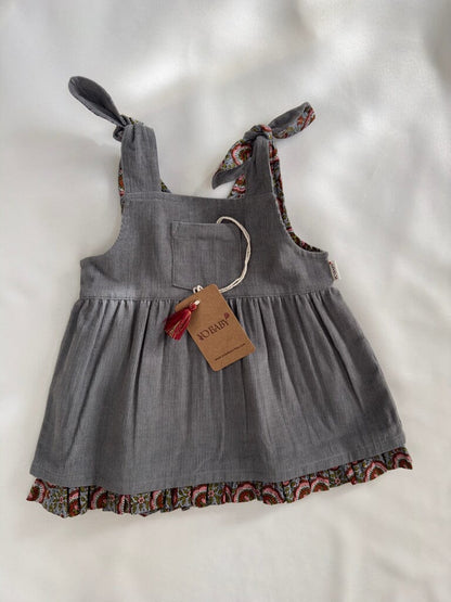 Reversible Solid Grey Corduroy & Grey Floral Printed Ruffle Dress dress & diaper cover DRESS Yo Baby India 