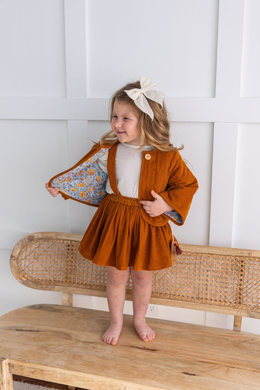 Reversible Rust Corduroy & Floral Print Quilted Jacket – Long Sleeve Jacket for Infants, Toddlers & Tweens