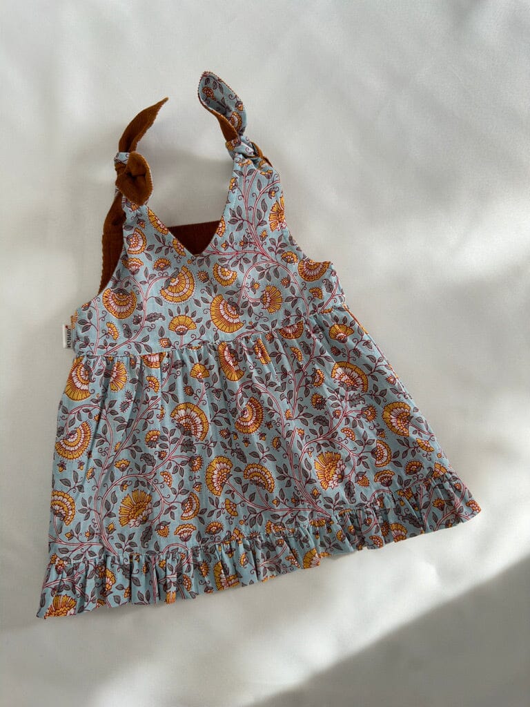 Reversible Solid Rust Corduroy & Rust Floral Printed Ruffle Dress dress & diaper cover Yo Baby India 