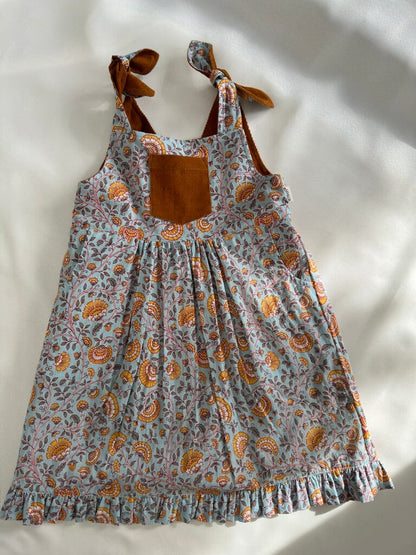 Reversible Solid Rust Corduroy & Rust Floral Printed Ruffle Dress dress & diaper cover Yo Baby India 