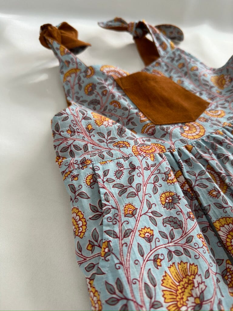 Reversible Solid Rust Corduroy & Rust Floral Printed Ruffle Dress dress & diaper cover Yo Baby India 