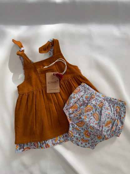 Reversible Solid Rust Corduroy & Rust Floral Printed Ruffle Dress dress & diaper cover Yo Baby India 