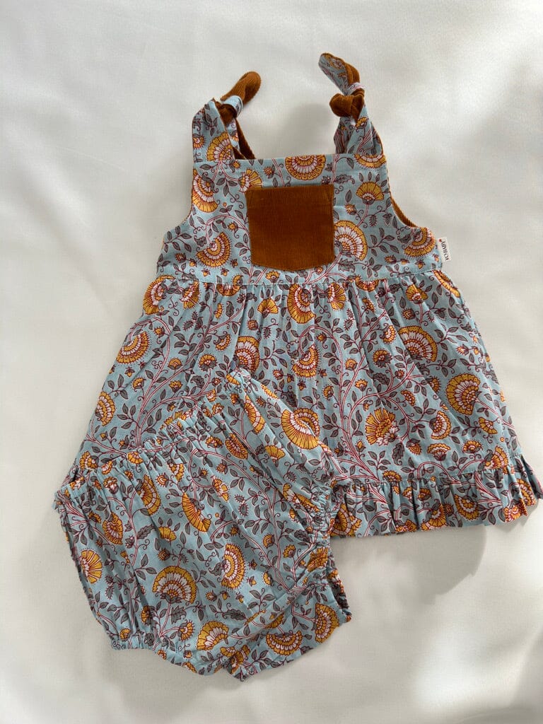 Reversible Solid Rust Corduroy & Rust Floral Printed Ruffle Dress dress & diaper cover Yo Baby India 