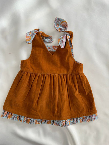 Reversible Solid Rust Corduroy & Rust Floral Printed Ruffle Dress dress & diaper cover Yo Baby India 