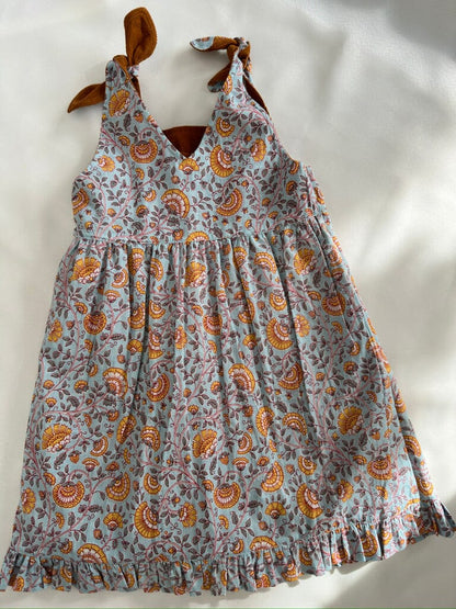 Reversible Solid Rust Corduroy & Rust Floral Printed Ruffle Dress dress & diaper cover Yo Baby India 