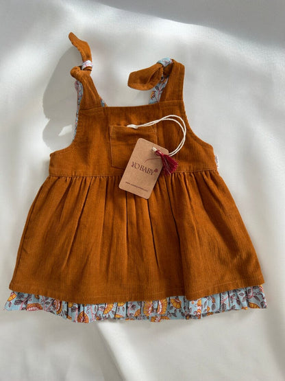 Reversible Solid Rust Corduroy & Rust Floral Printed Ruffle Dress dress & diaper cover Yo Baby India 