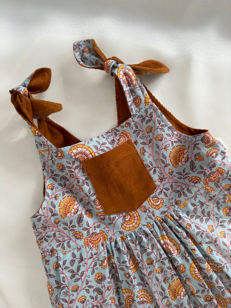 Reversible Solid Rust Corduroy & Rust Floral Printed Ruffle Dress dress & diaper cover Yo Baby India 