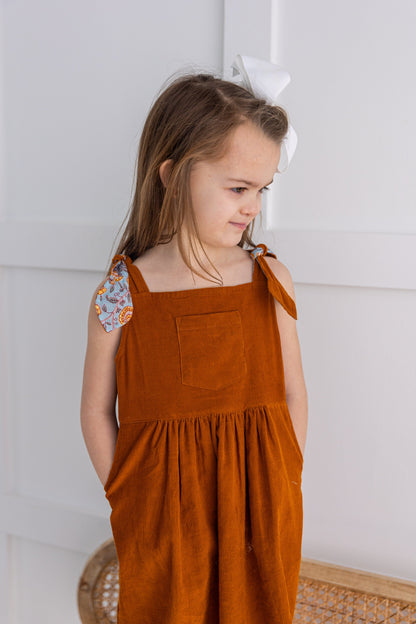 Reversible Solid Rust Corduroy & Rust Floral Printed Ruffle Dress DRESS Yo Baby India 