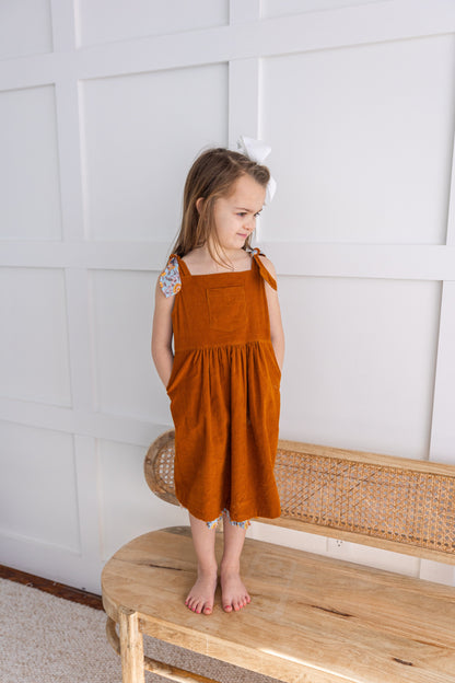 Reversible Solid Rust Corduroy & Rust Floral Printed Ruffle Dress DRESS Yo Baby India 