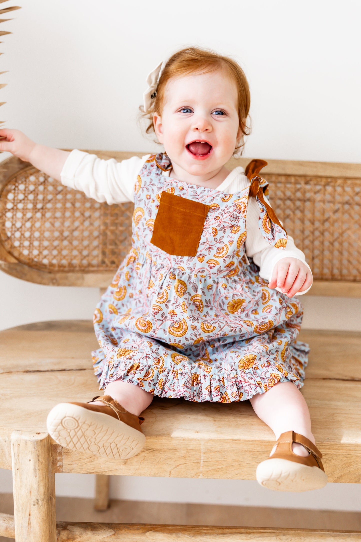 Reversible Solid Rust Corduroy & Rust Floral Printed Ruffle Dress DRESS Yo Baby India 