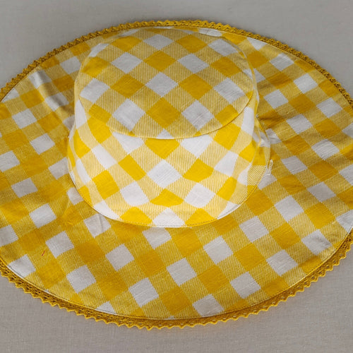 Reversible Yellow Checks & Stripe Sun Hat for Kids | 100% Cotton Summer Hat with Lace Detail & Tie Strings