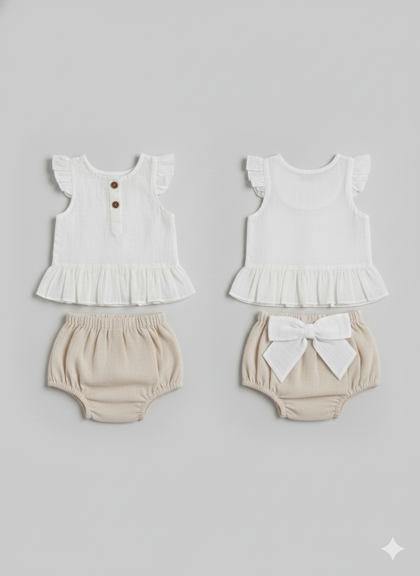 Baby Girl Top & Bow Bloomer Set – Ecru | Newborn & Infant Outfit