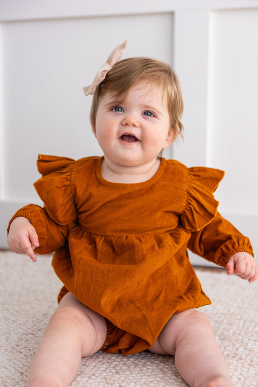 Rust Corduroy Solid Color Sleeve Ruffled Baby Romper Romper Yo Baby India 