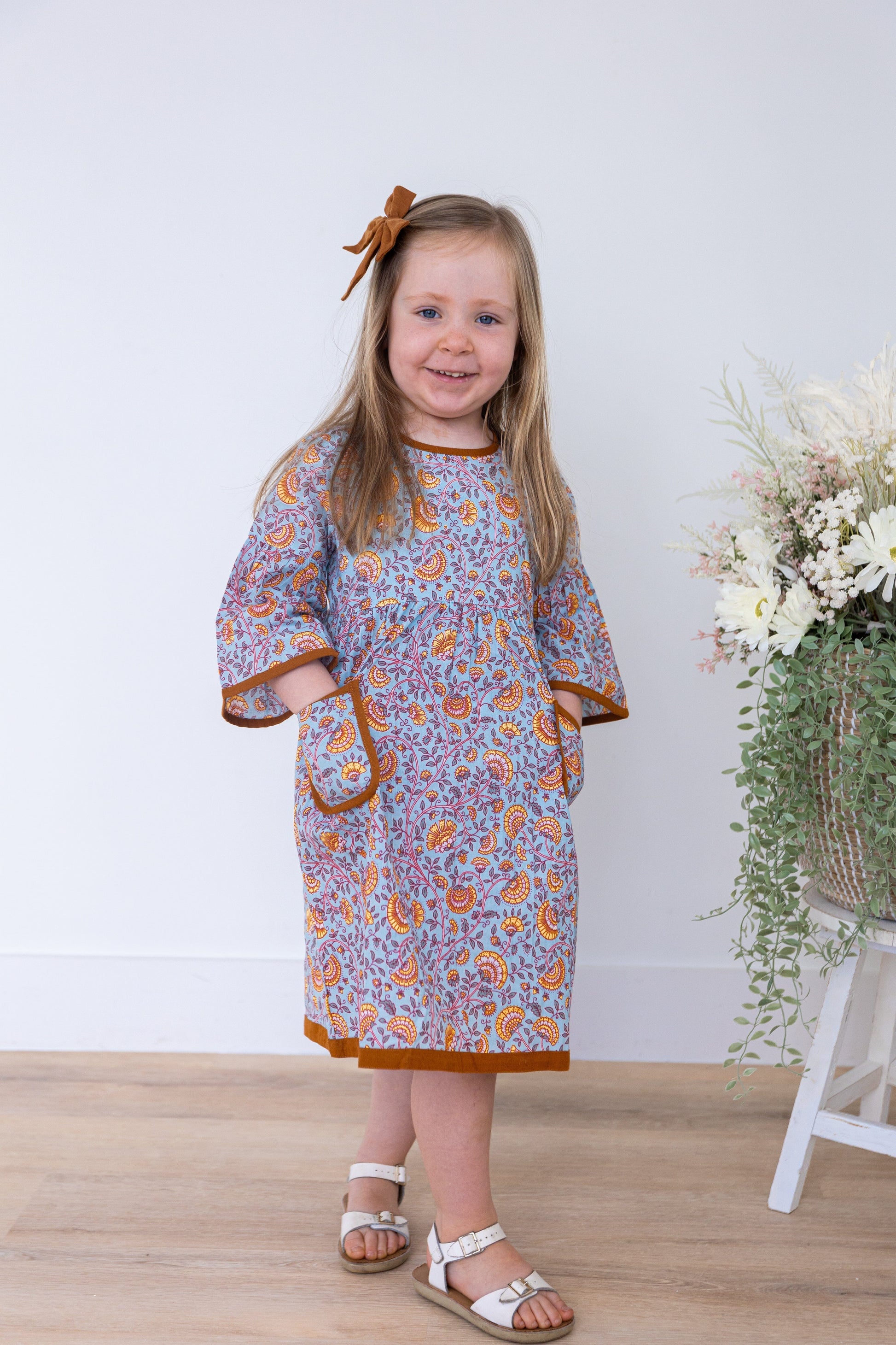 Rust Floral Printed Bell Sleeves Gathered Dress DRESS Yo Baby India 