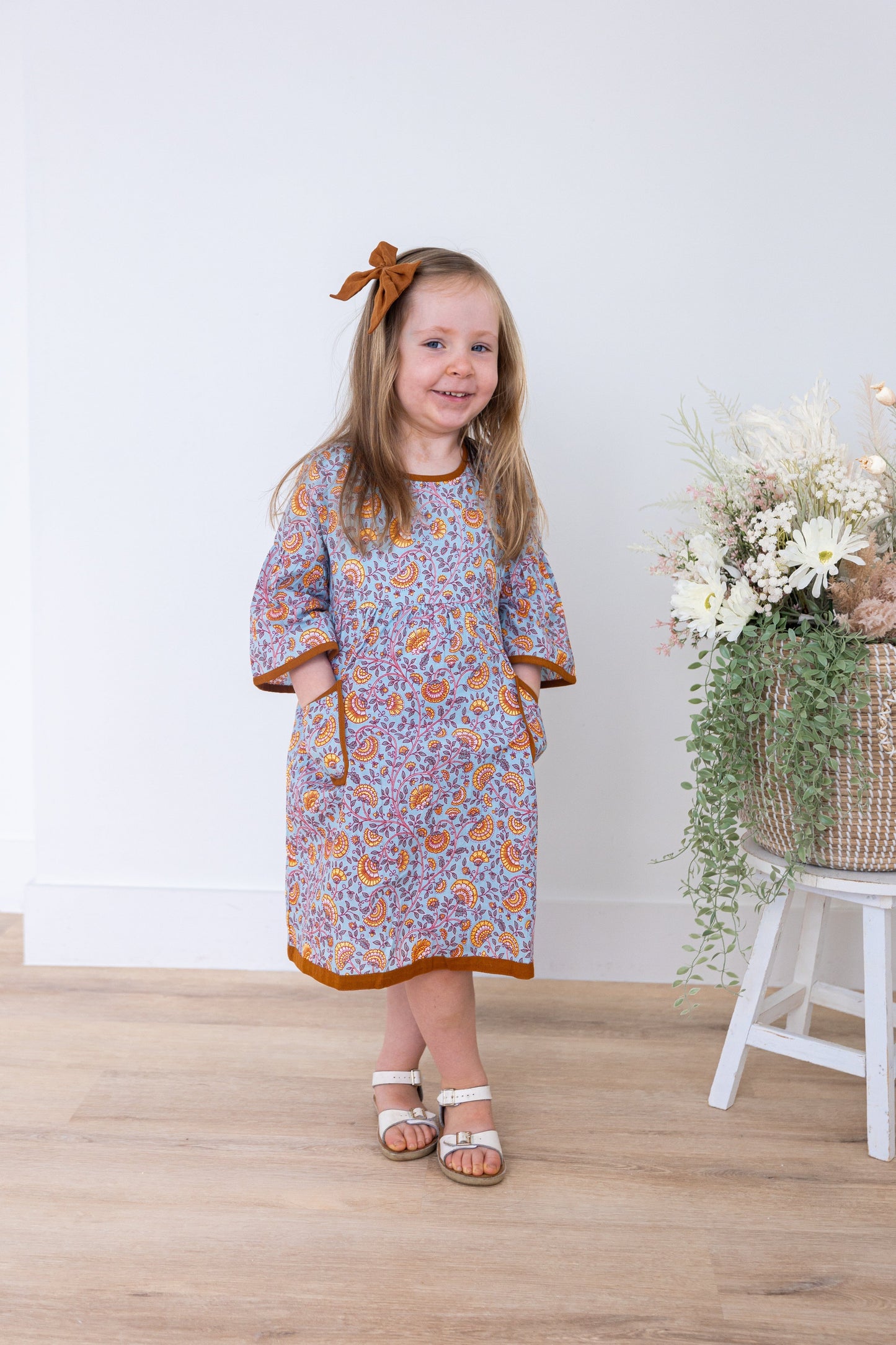 Rust Floral Printed Bell Sleeves Gathered Dress DRESS Yo Baby India 