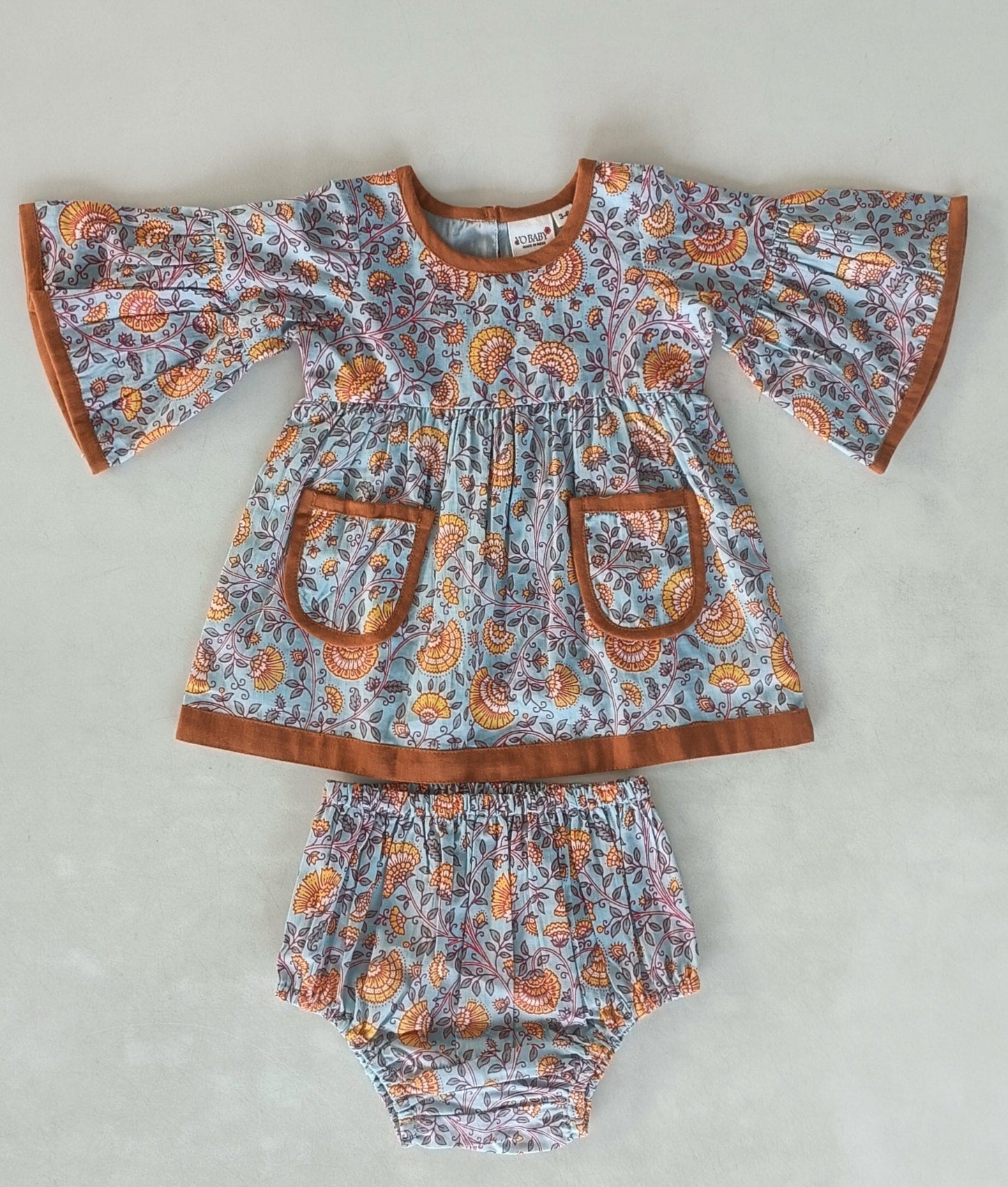 Rust Floral Printed Bell Sleeves Gathered Dress DRESS Yo Baby India 