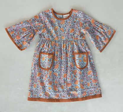 Rust Floral Printed Bell Sleeves Gathered Dress DRESS Yo Baby India 