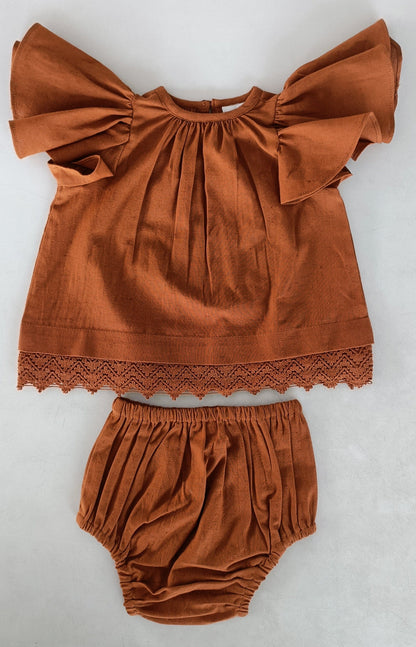 Rust Solid Color Sleeve & Neck Gathered Dress dress & diaper cover DRESS Yo Baby India 