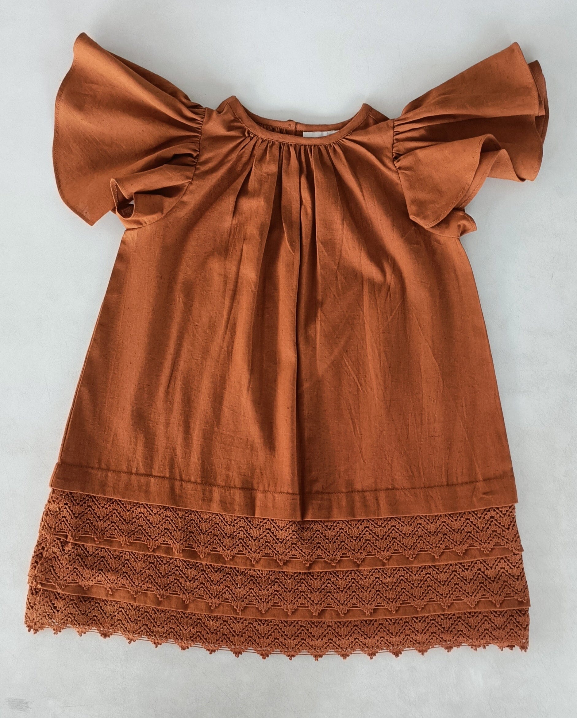 Rust Solid Color Sleeve & Neck Gathered Dress dress & diaper cover DRESS Yo Baby India 