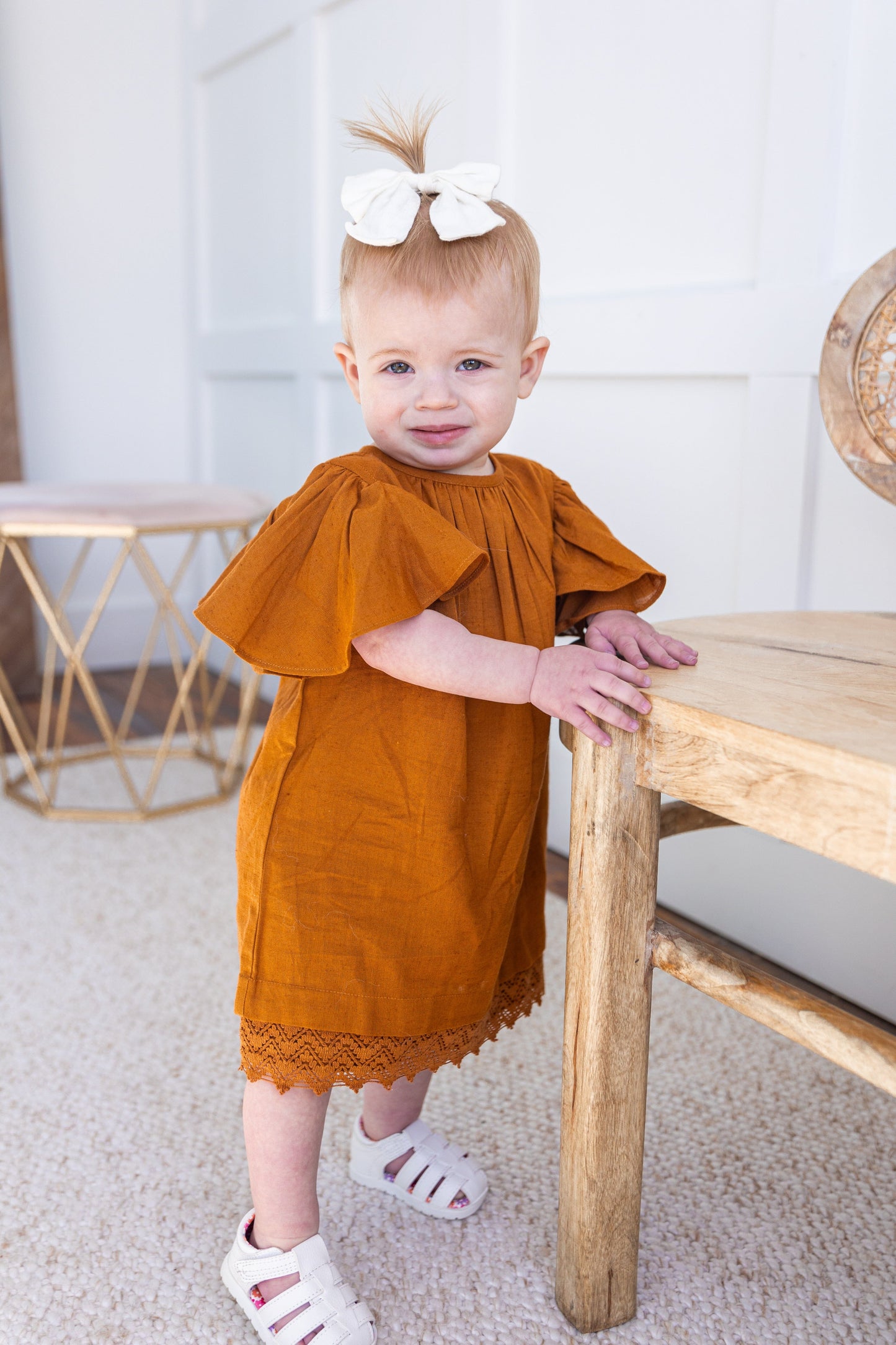 Rust Solid Color Sleeve & Neck Gathered Dress dress & diaper cover DRESS Yo Baby India 