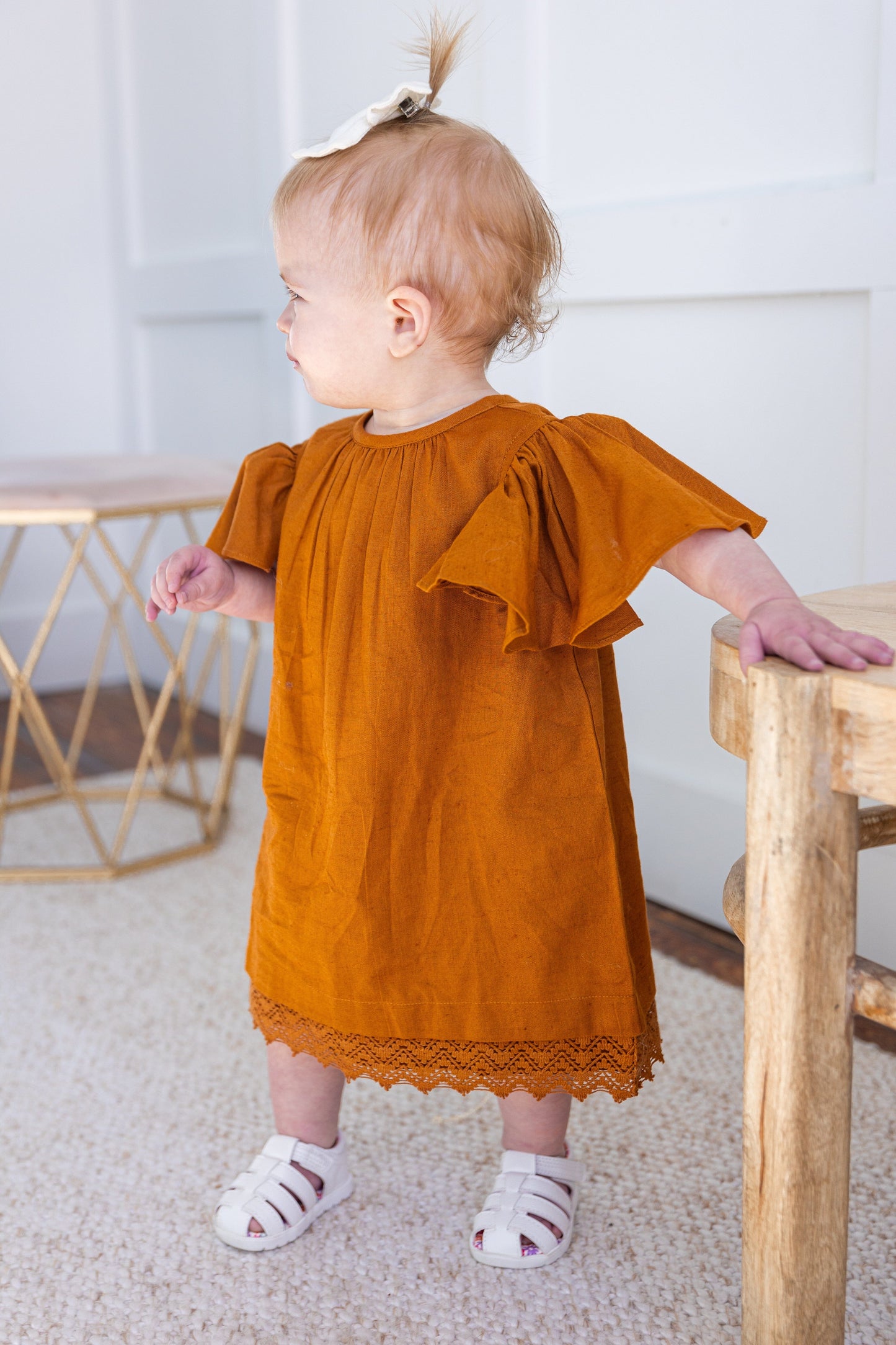 Rust Solid Color Sleeve & Neck Gathered Dress dress & diaper cover DRESS Yo Baby India 