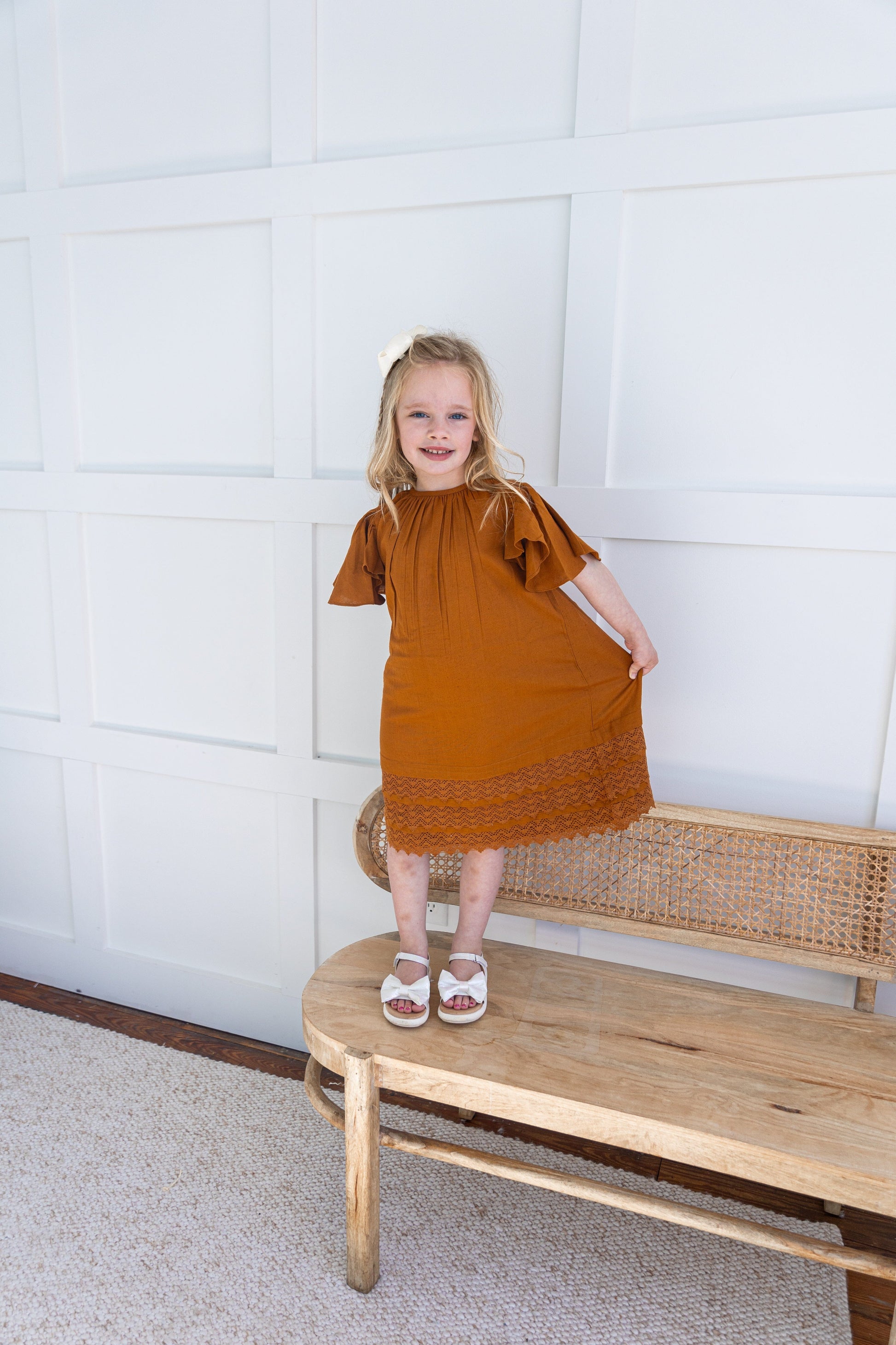 Rust Solid Color Sleeve & Neck Gathered Dress dress & diaper cover DRESS Yo Baby India 