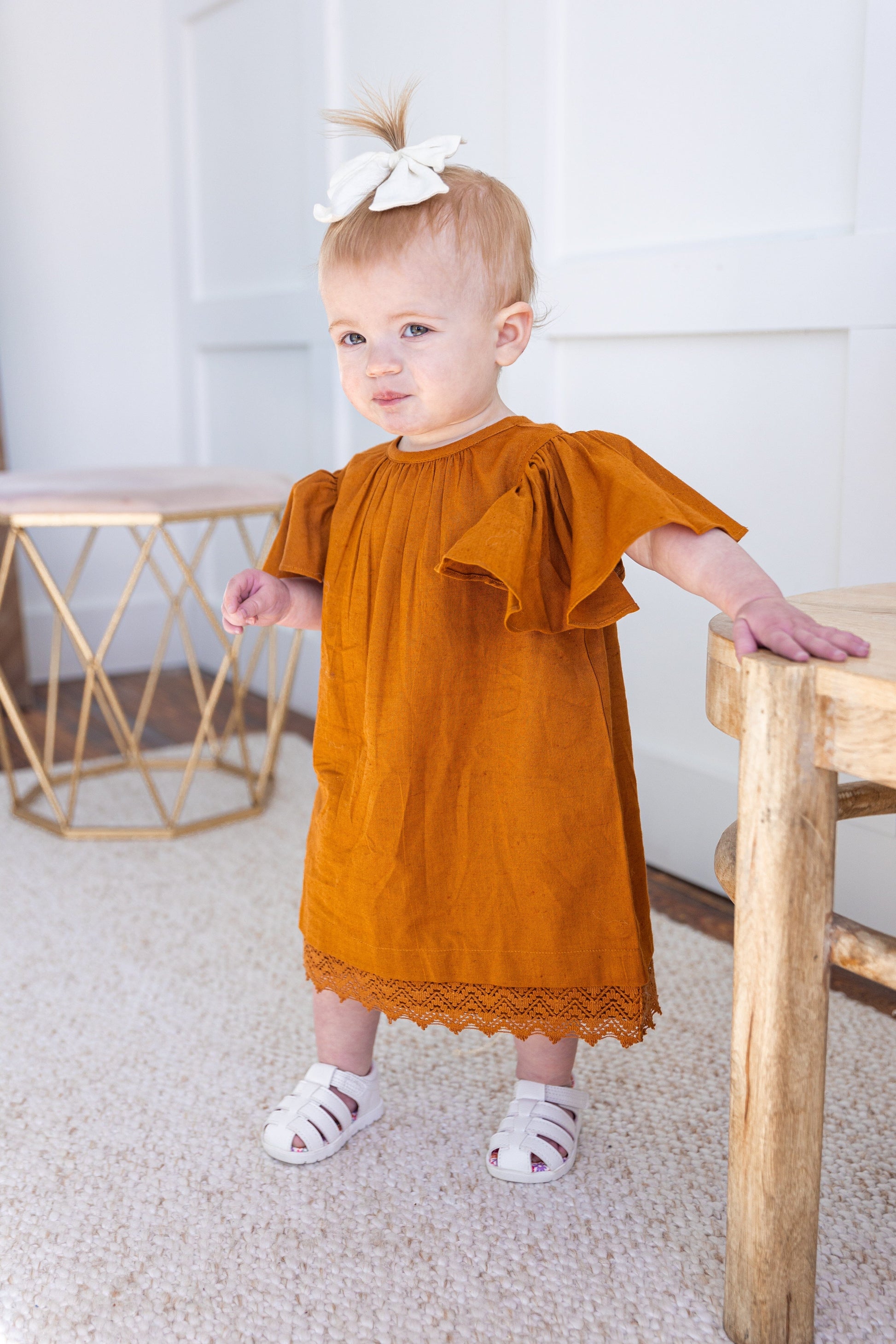 Rust Solid Color Sleeve & Neck Gathered Dress dress & diaper cover DRESS Yo Baby India 