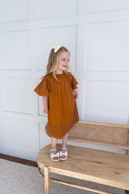 Rust Solid Color Sleeve & Neck Gathered Dress dress & diaper cover DRESS Yo Baby India 