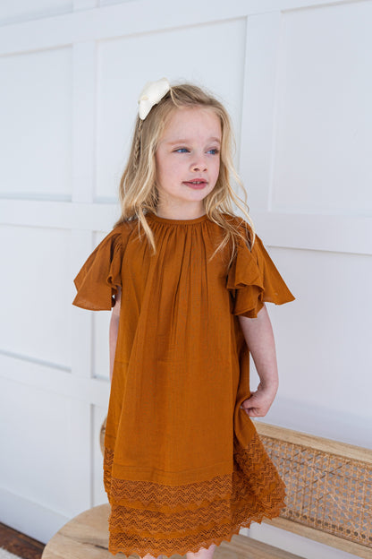 Rust Solid Color Sleeve & Neck Gathered Dress dress & diaper cover DRESS Yo Baby India 