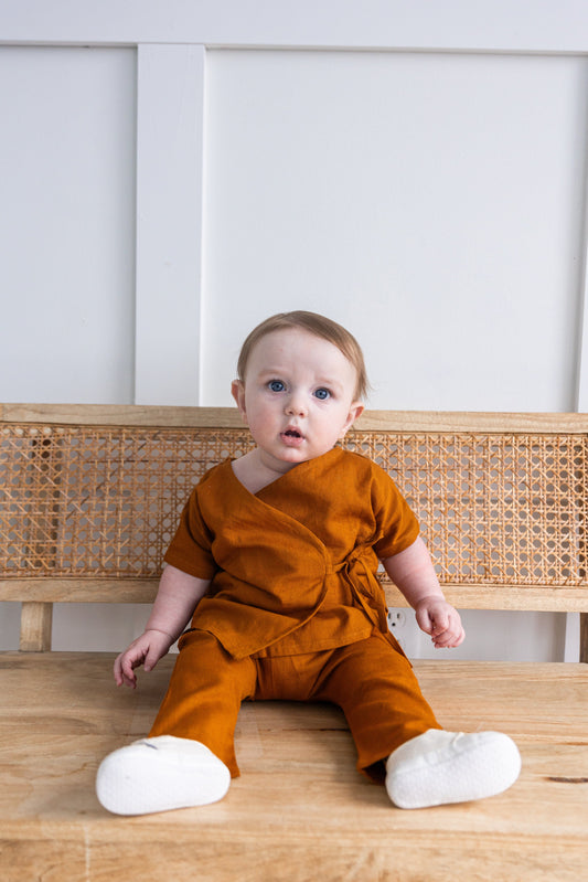 Rust Solid Color Top & Pant Set Romper Yo Baby India 