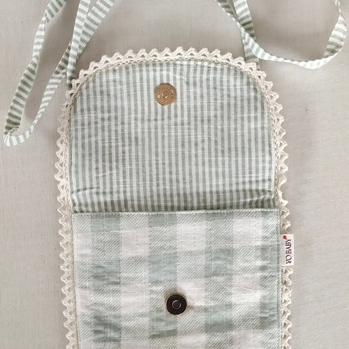 Kids' Sage Checks & Stripe Cotton Small Tote Bag with Magnetic Closure & Lace Detailing – Stylish Shoulder Sling for Girls