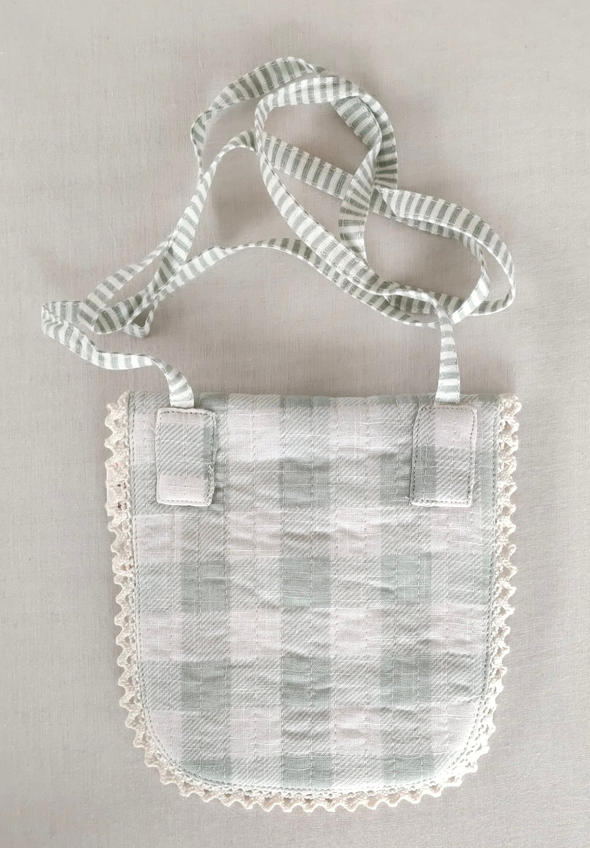 Sage Checks & Stripe Kids' Small Tote Bag with Magnetic Closure and Lace Detailing PURSE Yo Baby India 