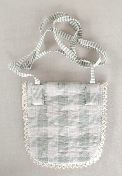Sage Checks & Stripe Kids' Small Tote Bag with Magnetic Closure and Lace Detailing PURSE Yo Baby India 