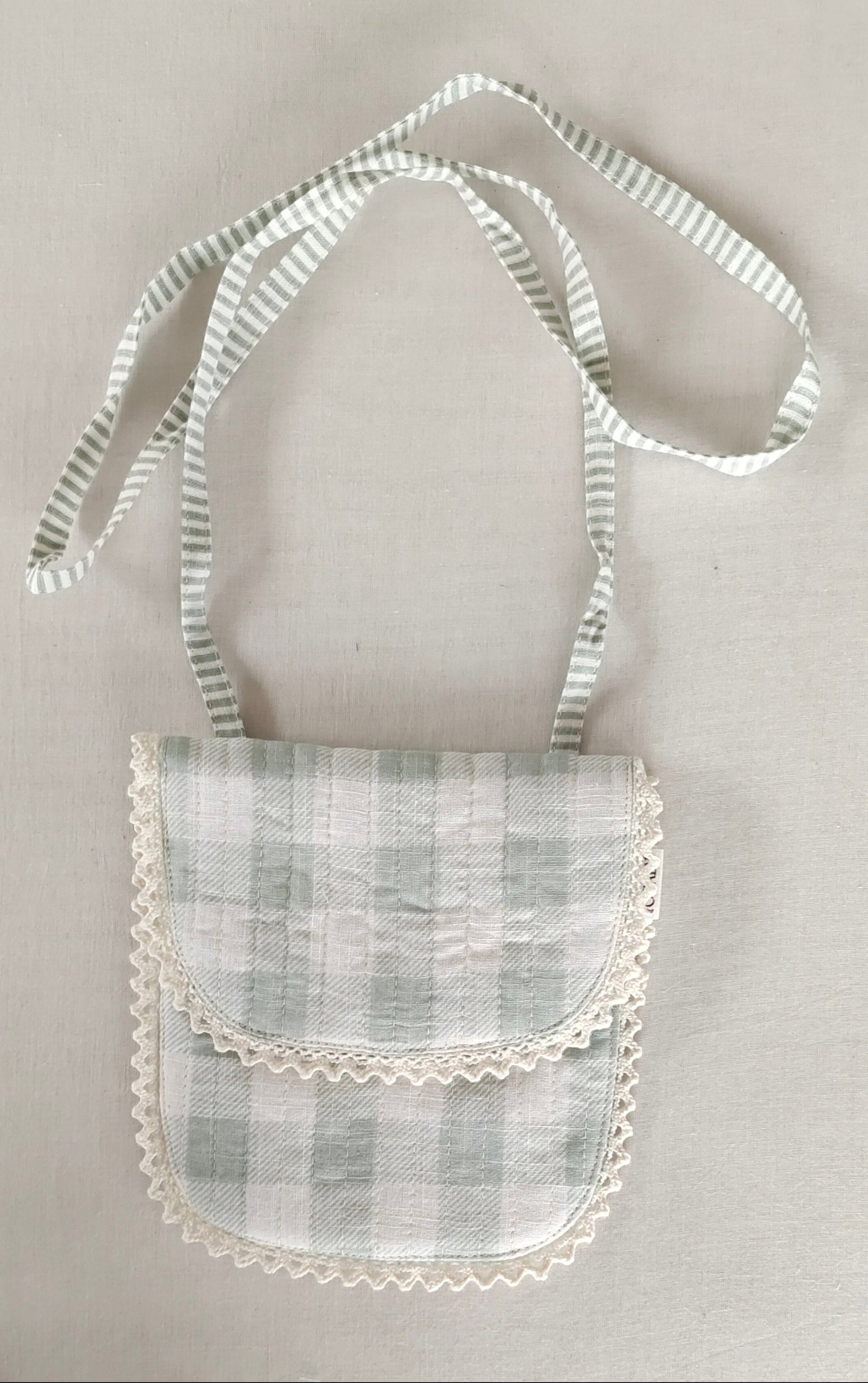 Sage Checks & Stripe Kids' Small Tote Bag with Magnetic Closure and Lace Detailing PURSE Yo Baby India 